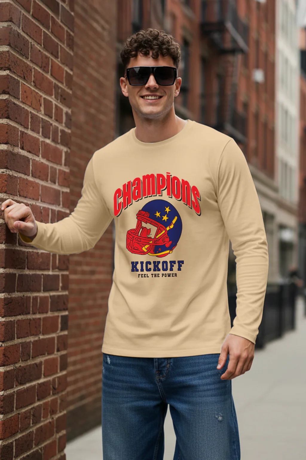 Atronic Men's Beige Champions Kickoff Printed Full Sleeve T-Shirt | Premium Round Neck Casual Graphic Tee