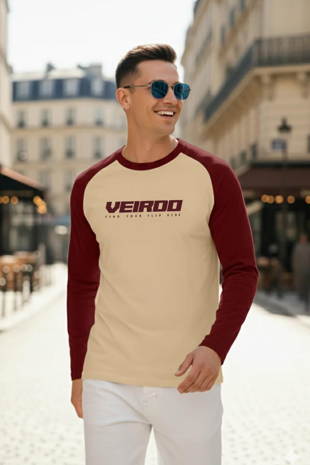 Atronic Men's Cream & Maroon Raglan Full Sleeve Printed T-Shirt | Premium Casual Round Neck Tee