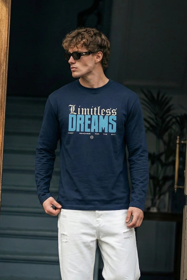 Atronic Men's Navy Blue Limitless Dreams Printed Full Sleeve T-Shirt | Premium Round Neck Casual Graphic Tee