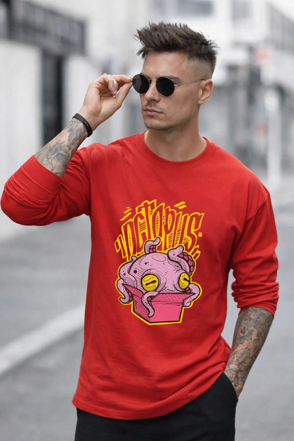 Atronic Men's Red Octopus Graphic Printed Full Sleeve T-Shirt | Premium Round Neck Casual Tee