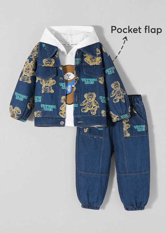 Kids Printed Denim Jacket, Hooded T-Shirt & Jogger Pants Co-Ord Set | Premium 3-Piece Casual Outfit for Boys & Girls