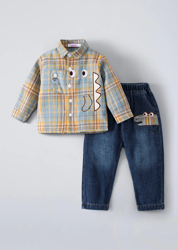 Kids Checkered Cotton Shirt & Denim Pants Co-Ord Set | Premium 2-Piece Casual Outfit for Boys & Girls