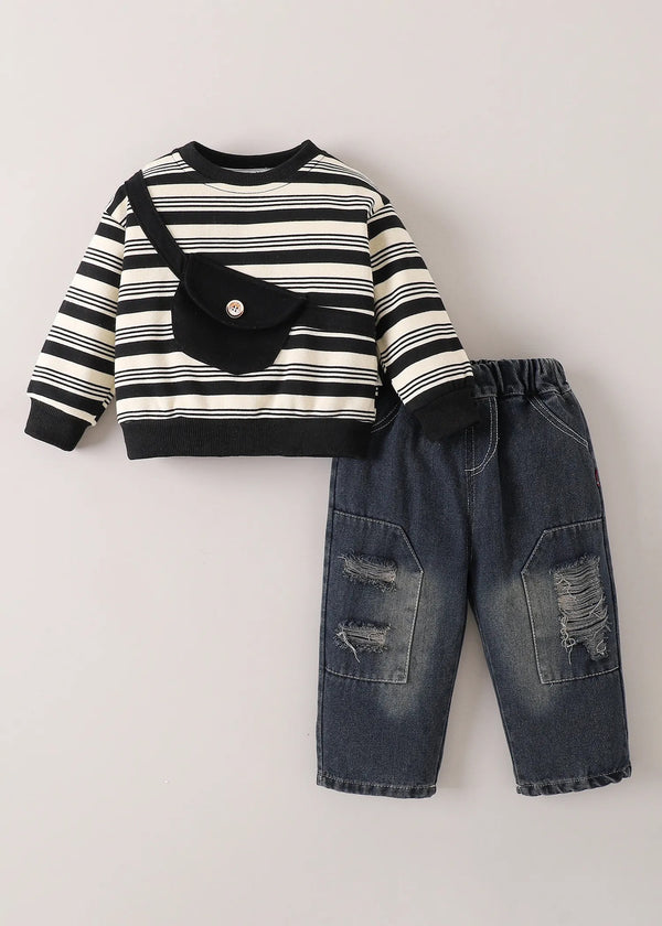 Kids Striped Sweatshirt & Distressed Denim Pants Co-Ord Set with Crossbody Pouch | Premium 3-Piece Outfit for Boys & Girls