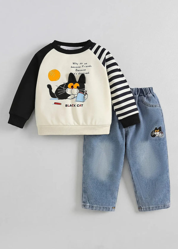 Kids Cartoon Sweatshirt & Denim Pants Co-Ord Set | Premium 2-Piece Casual Outfit for Boys & Girls