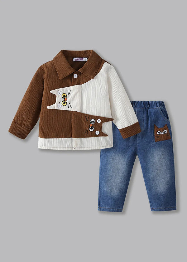 Kids Corduroy Shirt & Denim Pants Co-Ord Set | Premium 2-Piece Casual Outfit for Boys & Girls