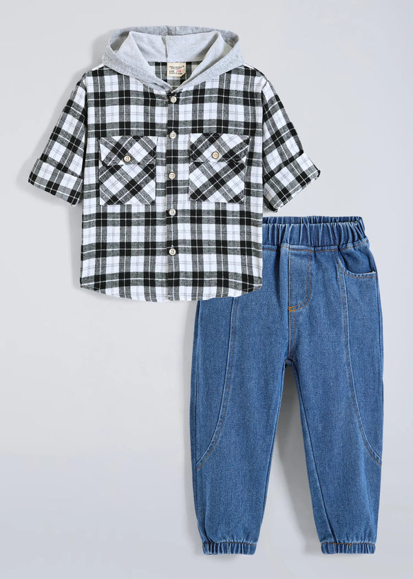 Kids Hooded Checkered Shirt & Denim Jogger Pants Co-Ord Set | Premium 2-Piece Casual Outfit for Boys & Girls