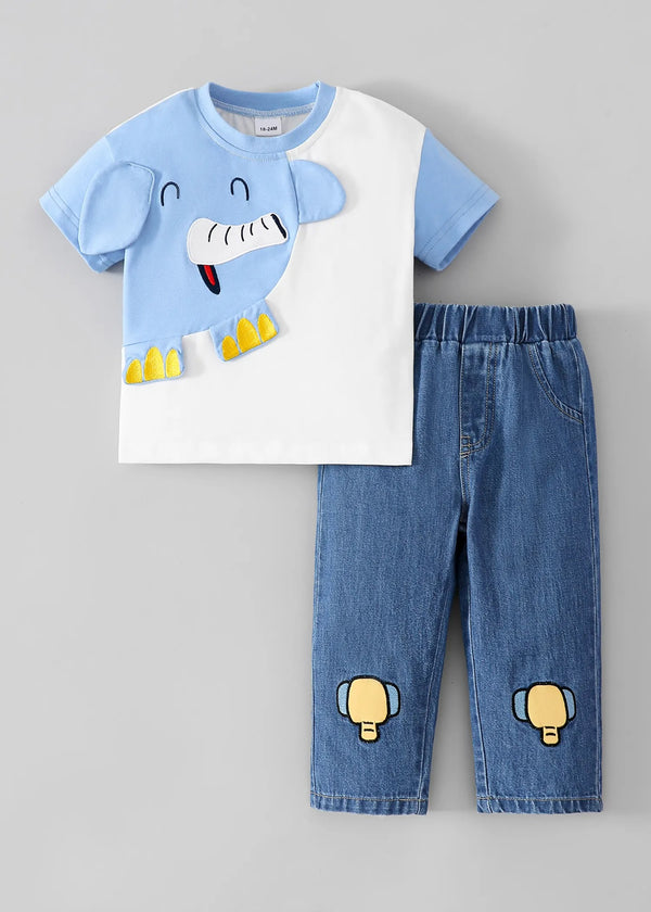 Kids Elephant Printed T-Shirt & Denim Pants Co-Ord Set | Premium 2-Piece Casual Outfit for Boys & Girls