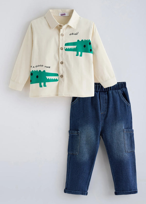 Kids Cartoon Printed Cotton Shirt & Denim Cargo Pants Co-Ord Set | Premium 2-Piece Casual Outfit for Boys & Girls