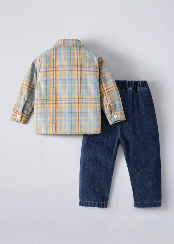 Kids Checkered Cotton Shirt & Denim Pants Co-Ord Set | Premium 2-Piece Casual Outfit for Boys & Girls