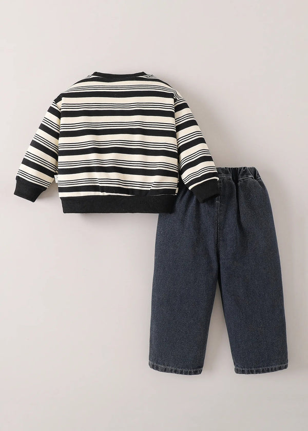 Kids Striped Sweatshirt & Distressed Denim Pants Co-Ord Set with Crossbody Pouch | Premium 3-Piece Outfit for Boys & Girls