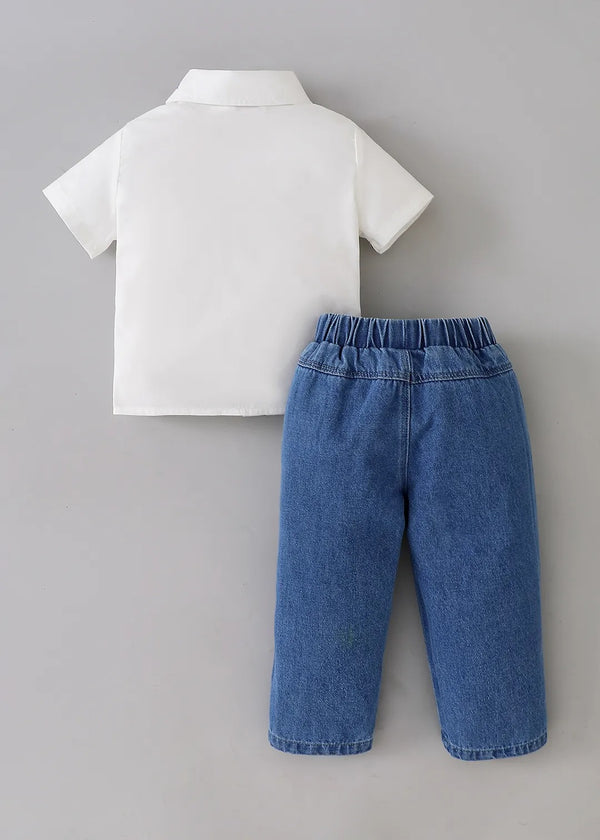 Kids Embroidered Cotton Shirt & Denim Pants Co-Ord Set | Premium 2-Piece Casual Outfit for Boys & Girls