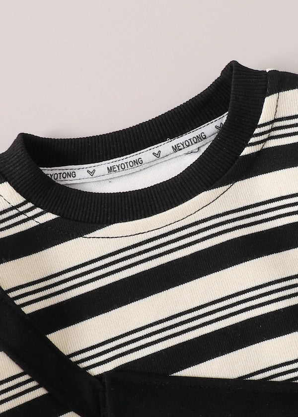 Kids Striped Sweatshirt & Distressed Denim Pants Co-Ord Set with Crossbody Pouch | Premium 3-Piece Outfit for Boys & Girls