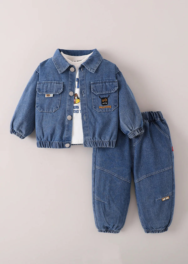 Kids Denim Jacket & Jogger Pants Co-Ord Set with Printed T-Shirt | Premium 3-Piece Outfit for Boys & Girls
