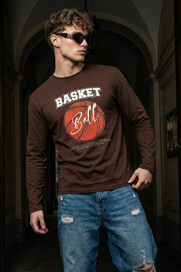 Atronic Men's Brown Basketball Graphic Printed Full Sleeve T-Shirt | Premium Round Neck Casual Tee